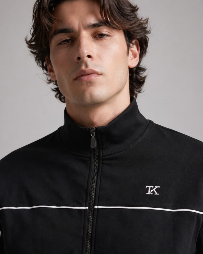 TOUKHA — black track jacket editorial portrait