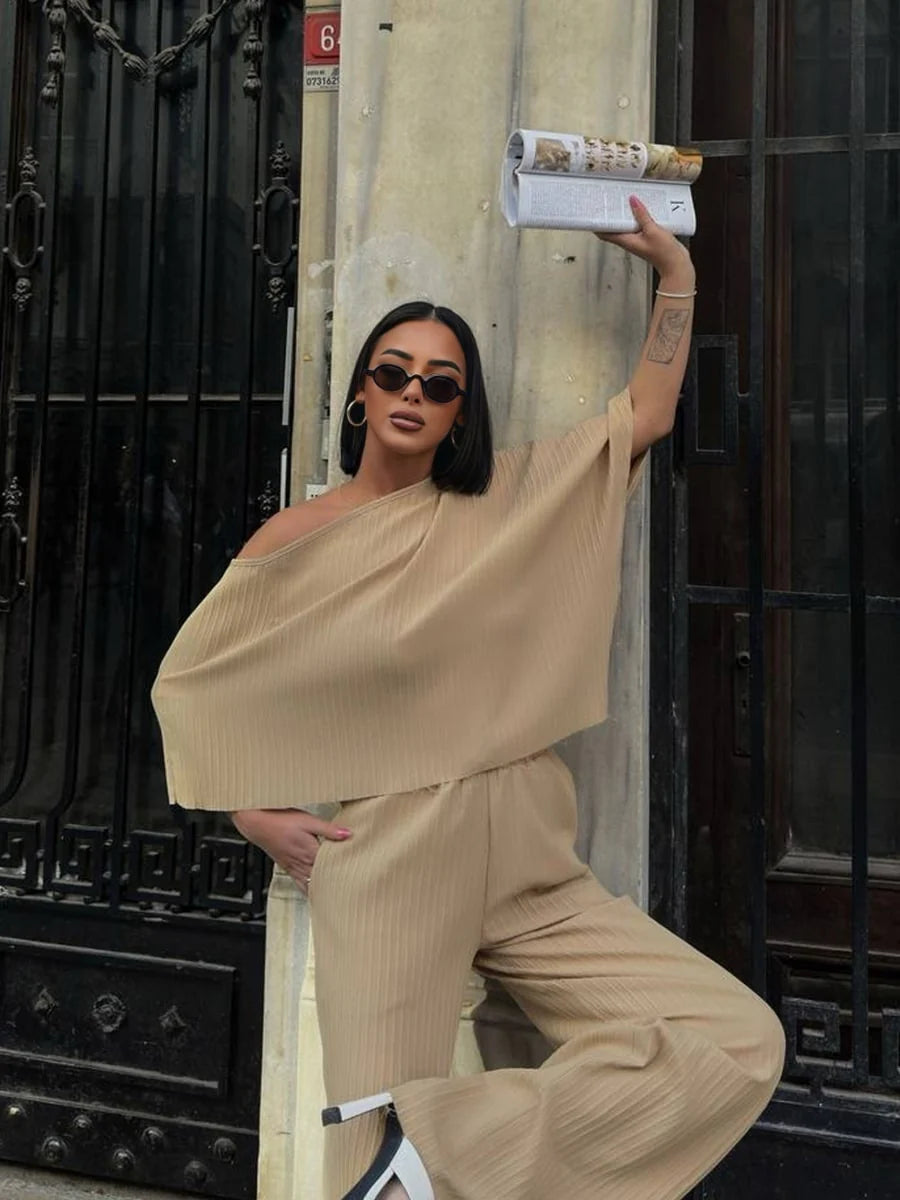 Single Shoulder Top With Waistband Pants