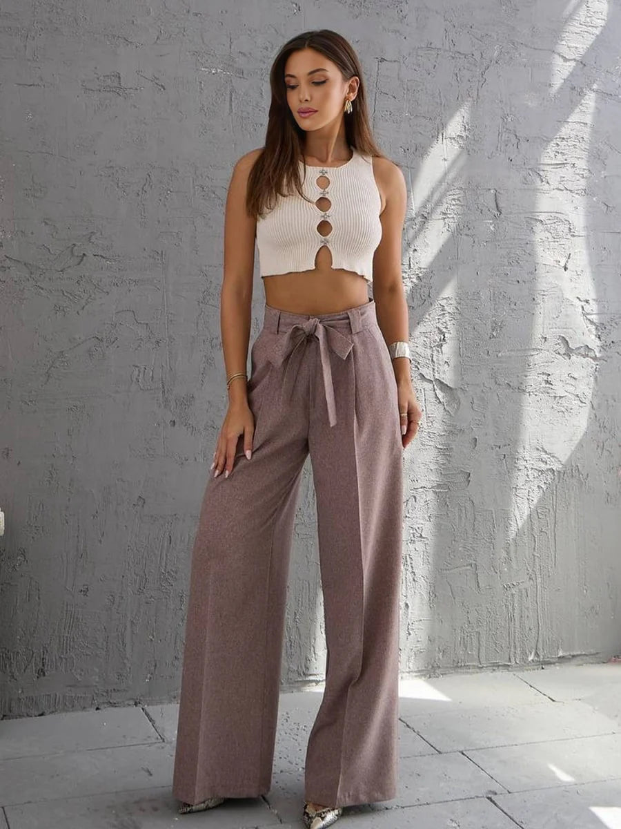 Solid Color Belted Straight Leg Pants