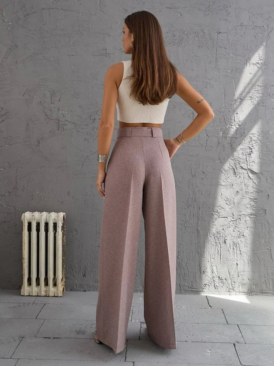 Solid Color Belted Straight Leg Pants