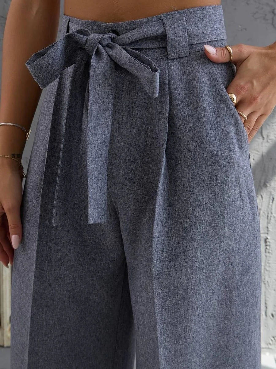 Solid Color Belted Straight Leg Pants