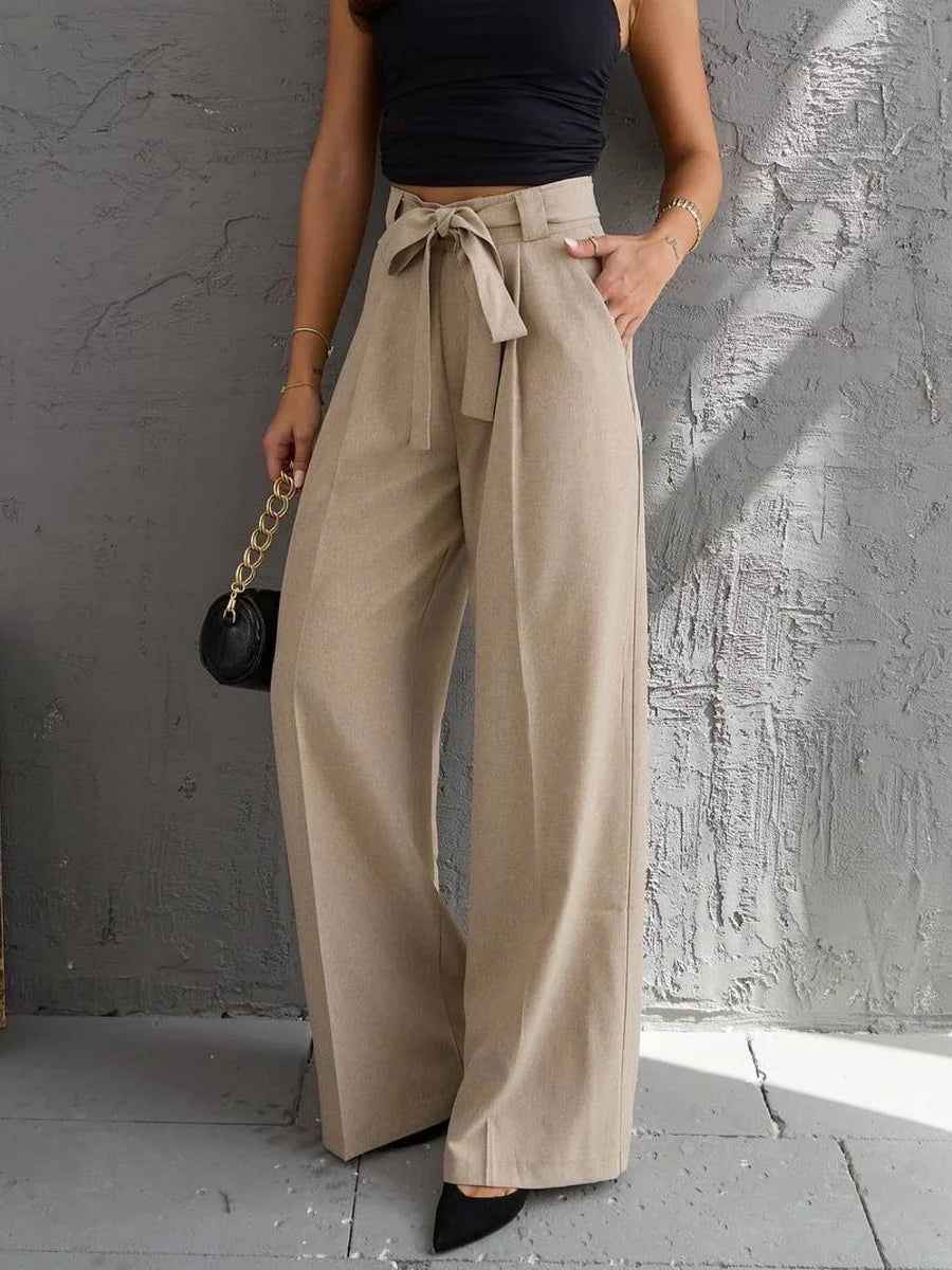 Solid Color Belted Straight Leg Pants