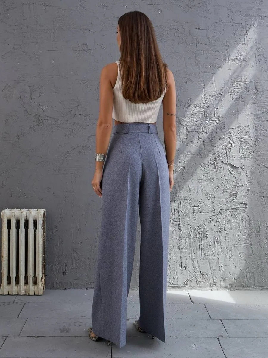 Solid Color Belted Straight Leg Pants