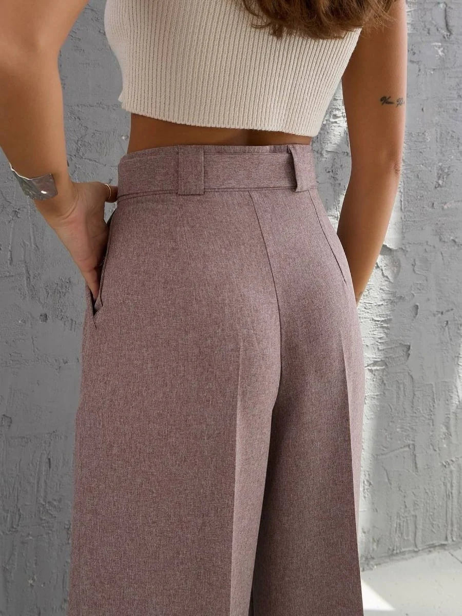 Solid Color Belted Straight Leg Pants