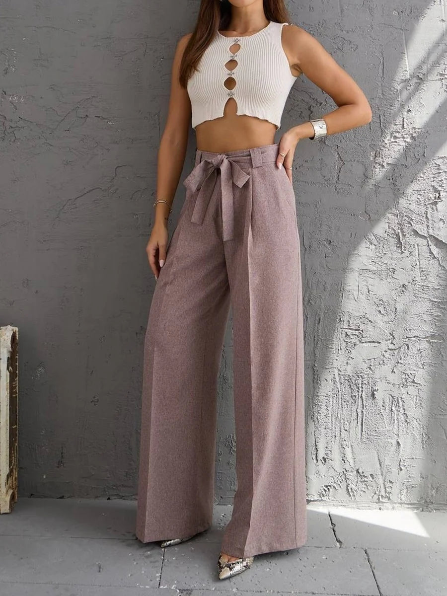 Solid Color Belted Straight Leg Pants