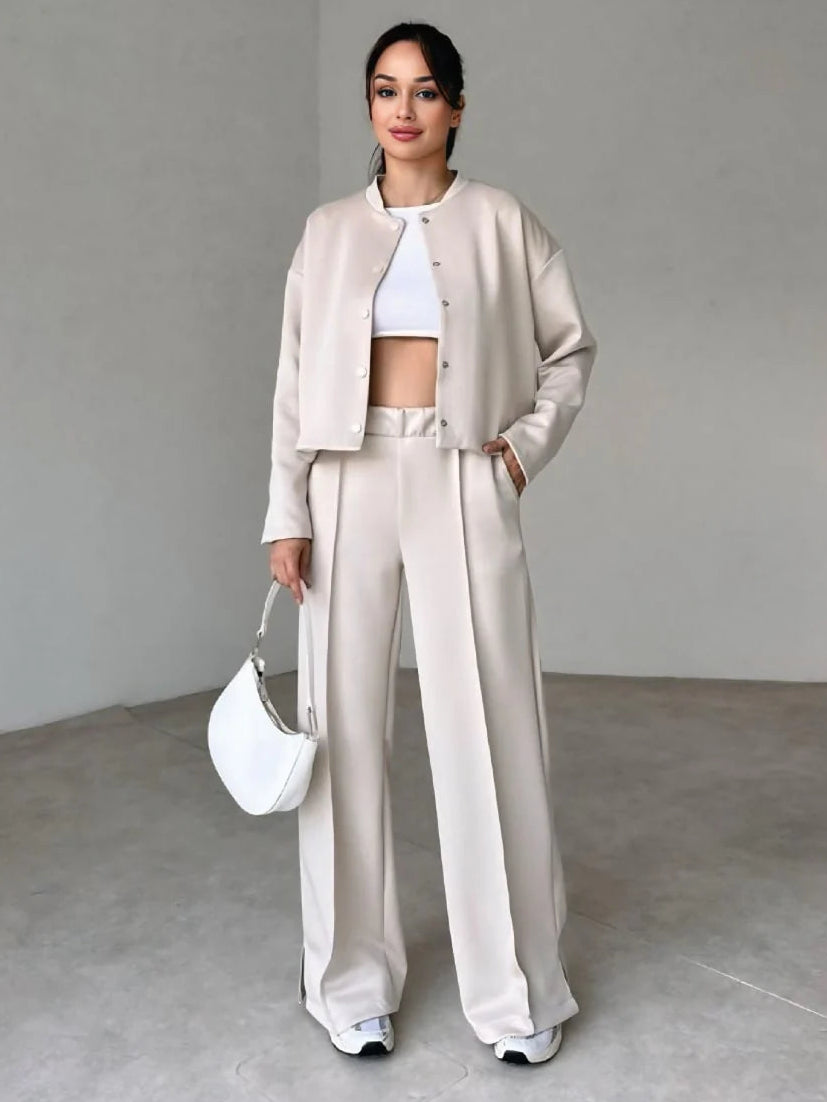 Casual Snap Button Baseball Jacket & Waistband Sweatpants