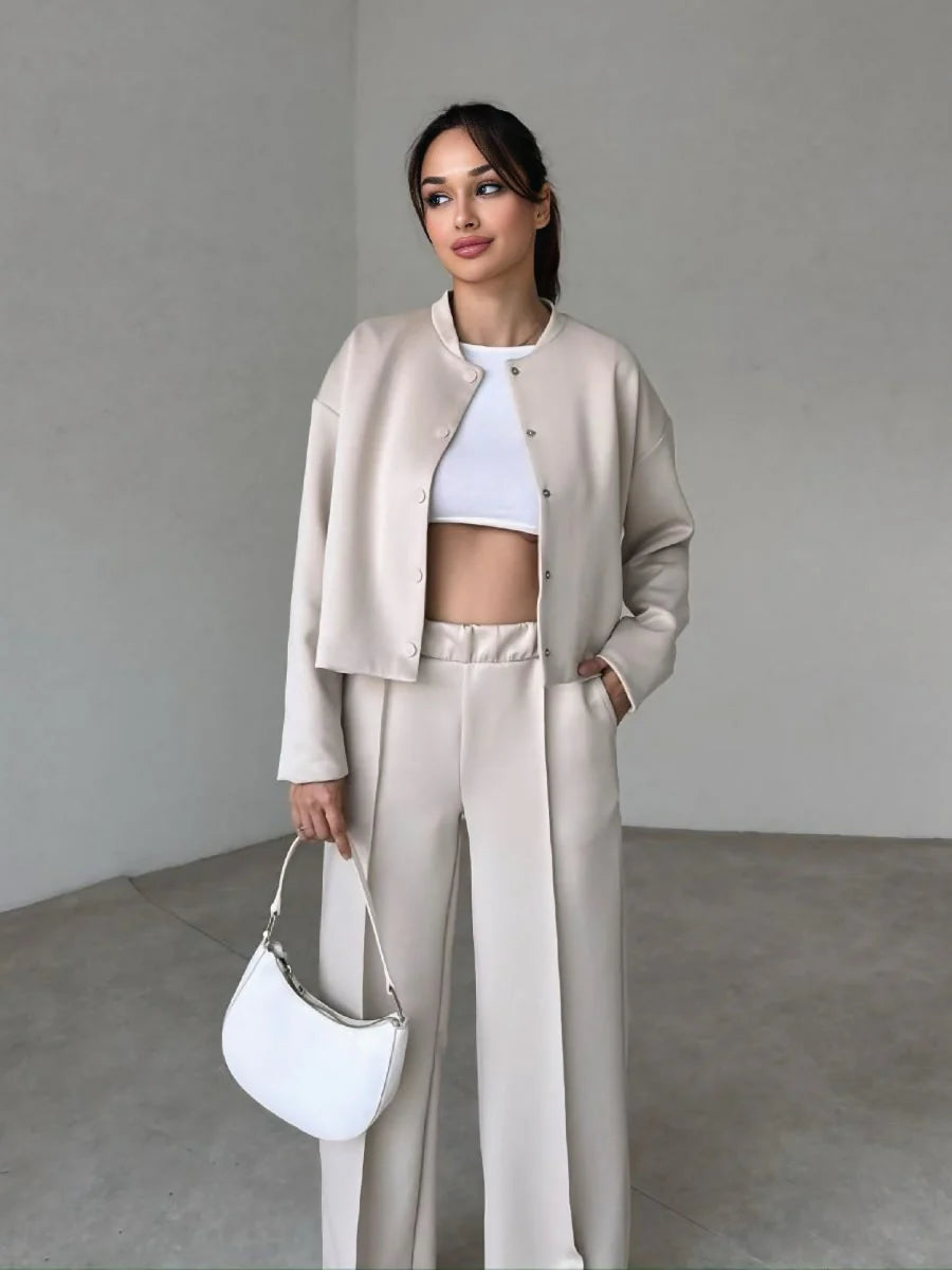 Casual Snap Button Baseball Jacket & Waistband Sweatpants