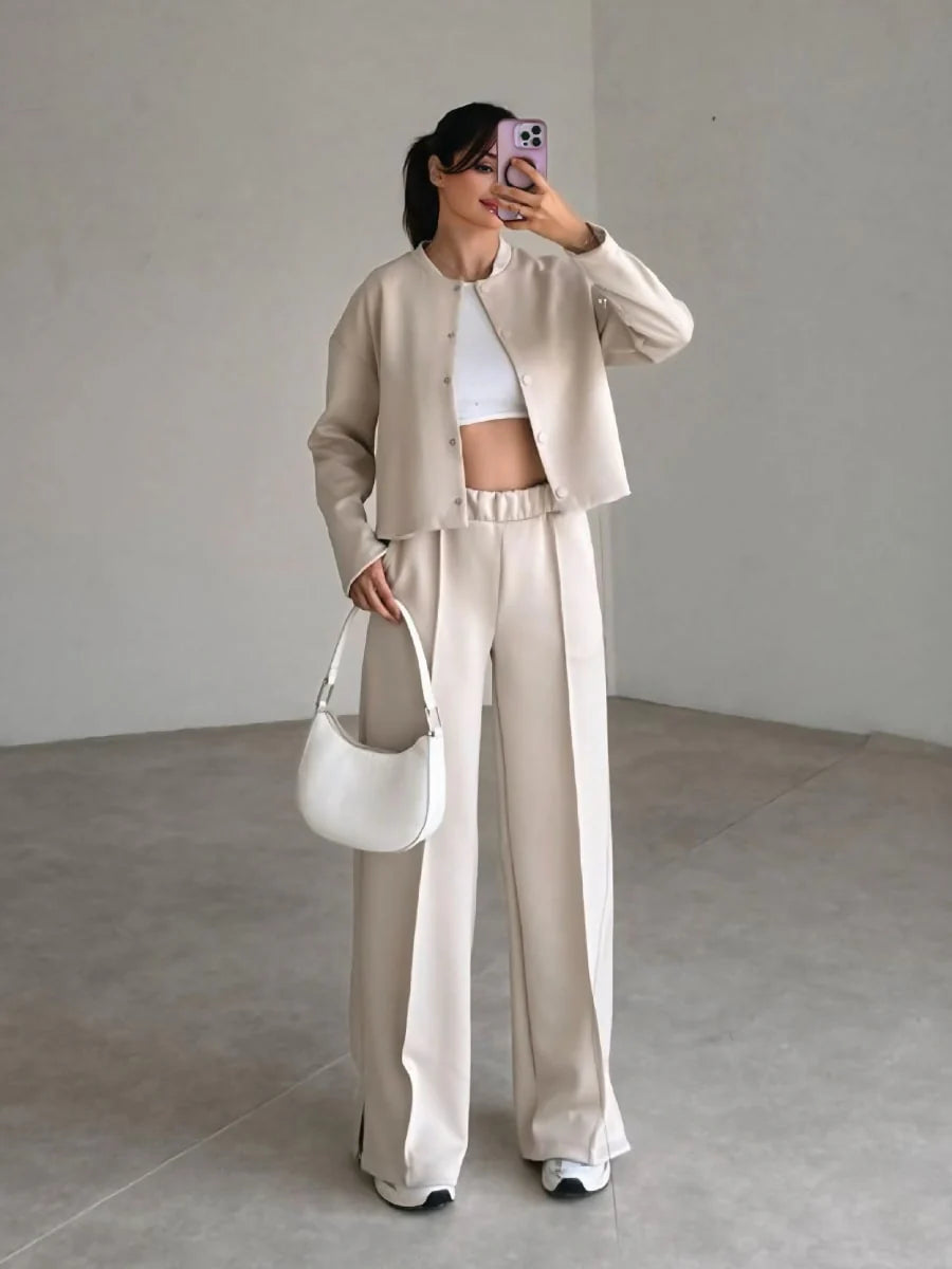 Casual Snap Button Baseball Jacket & Waistband Sweatpants