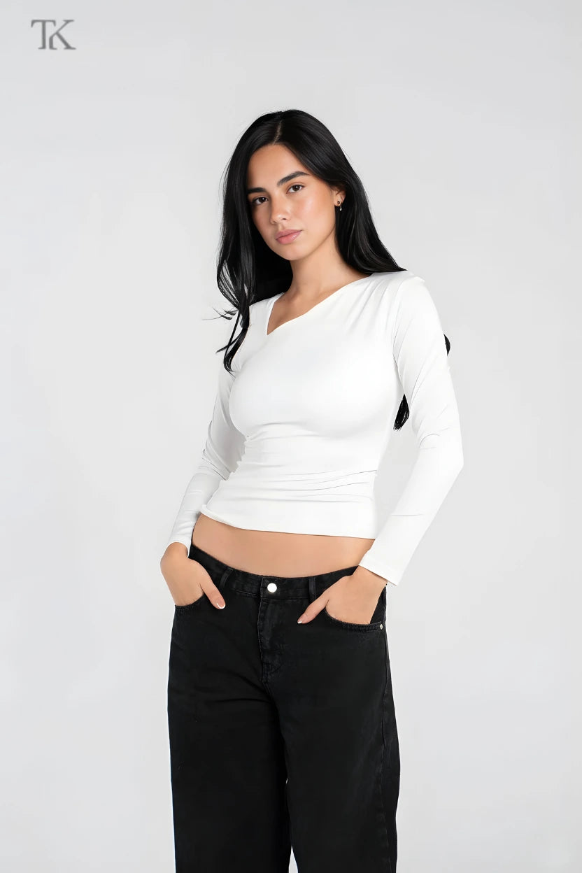 ASYMMETRICAL V NECK LONG SLEEVE