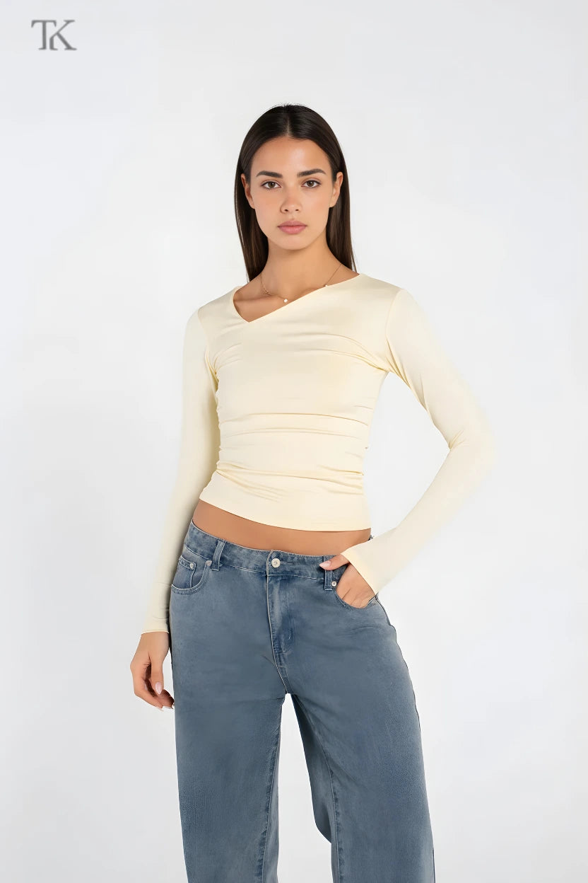 ASYMMETRICAL V NECK LONG SLEEVE