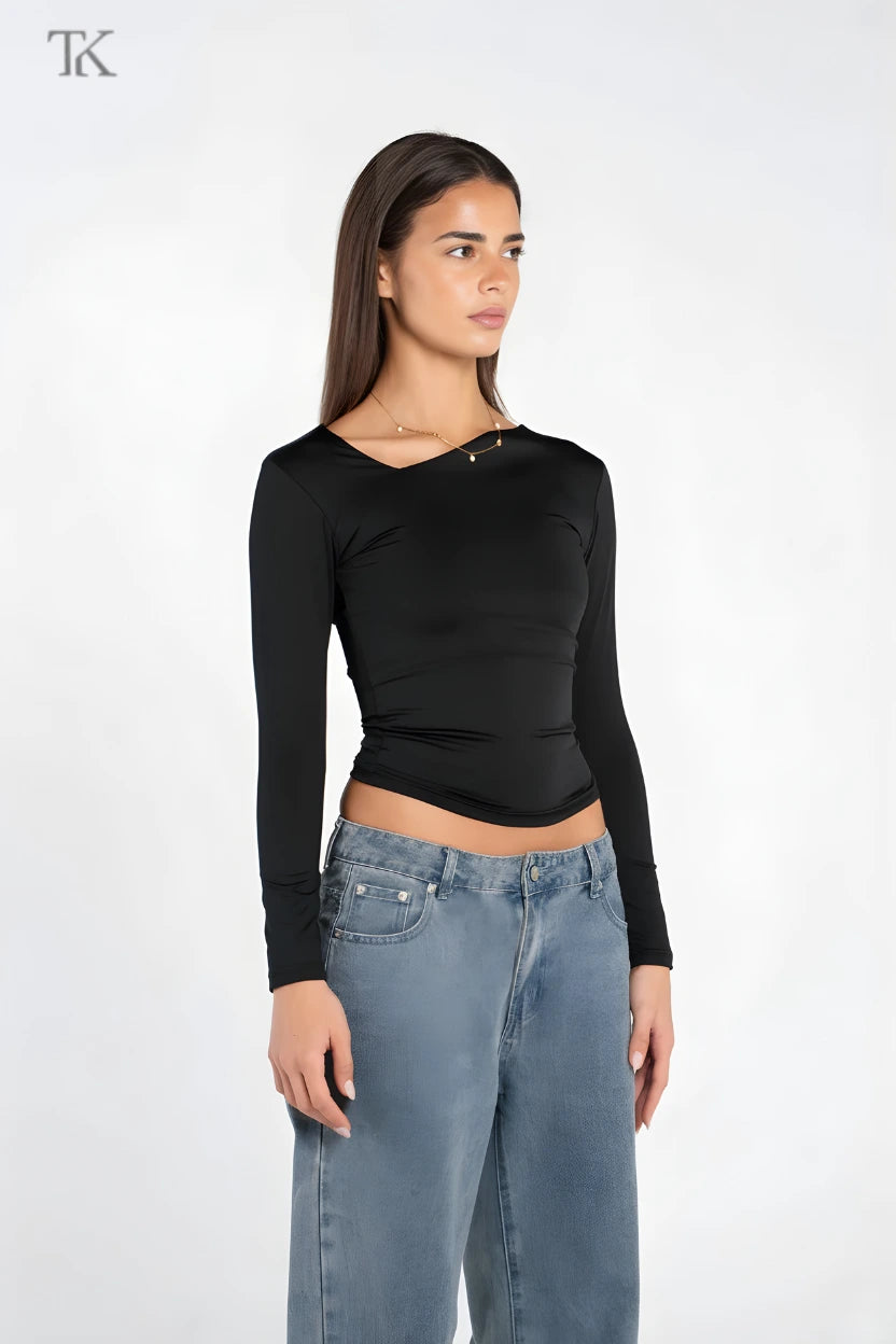 ASYMMETRICAL V NECK LONG SLEEVE