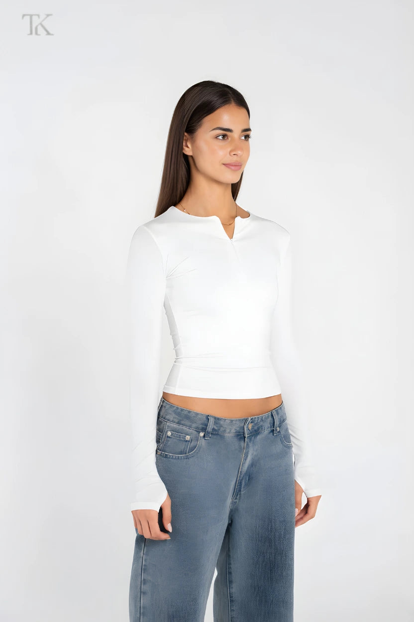 COTTON ROUND NECK ZIPPER LONG SLEEVE