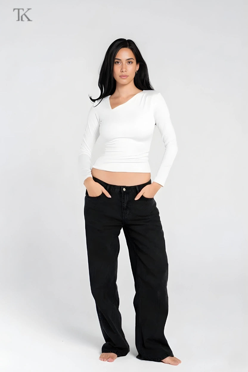 ASYMMETRICAL V NECK LONG SLEEVE