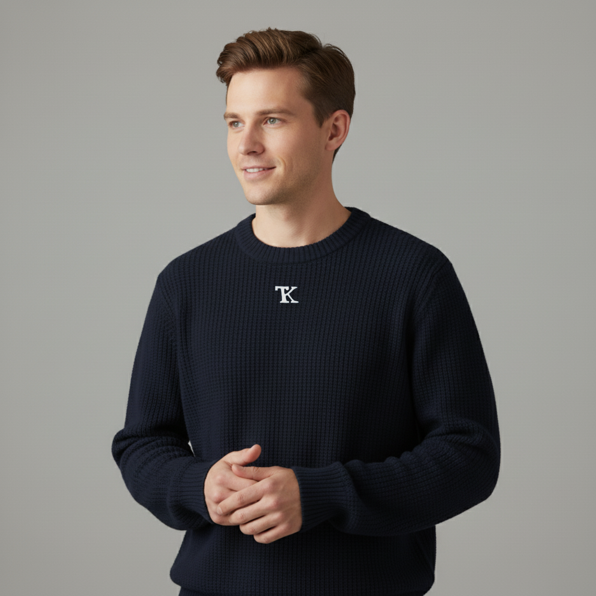 سترةً بياقةٍ دائريةٍ مزخرفةً بنسيجٍ محبوكٍ مُربّع