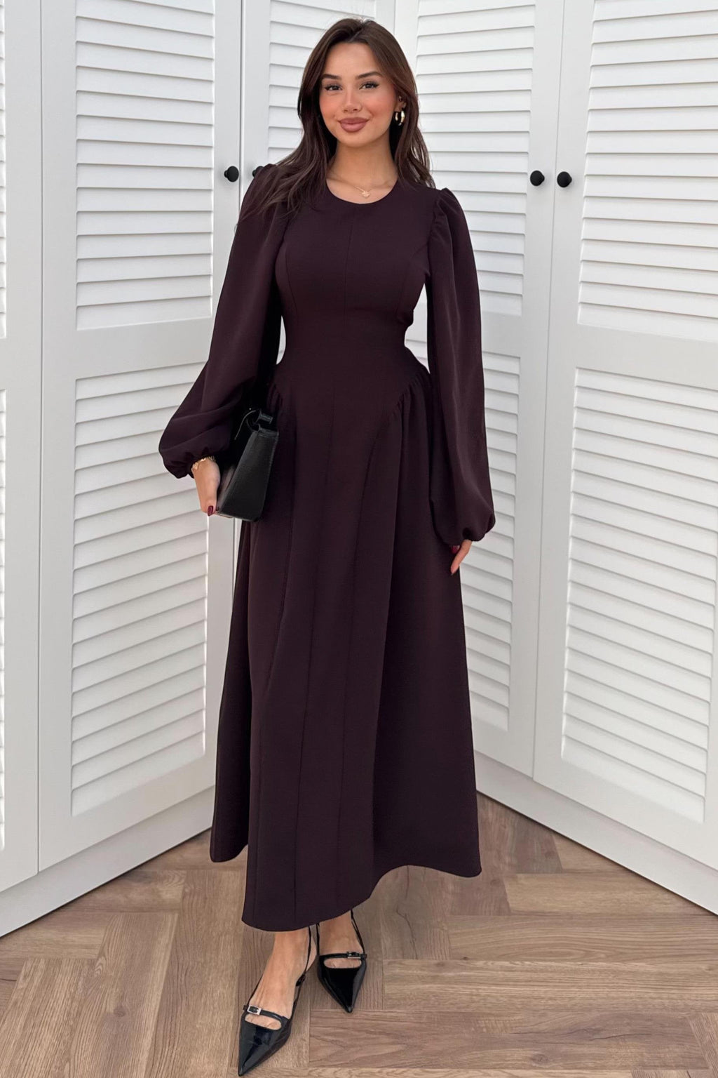 Balloon Sleeve Long Dress - BROWN