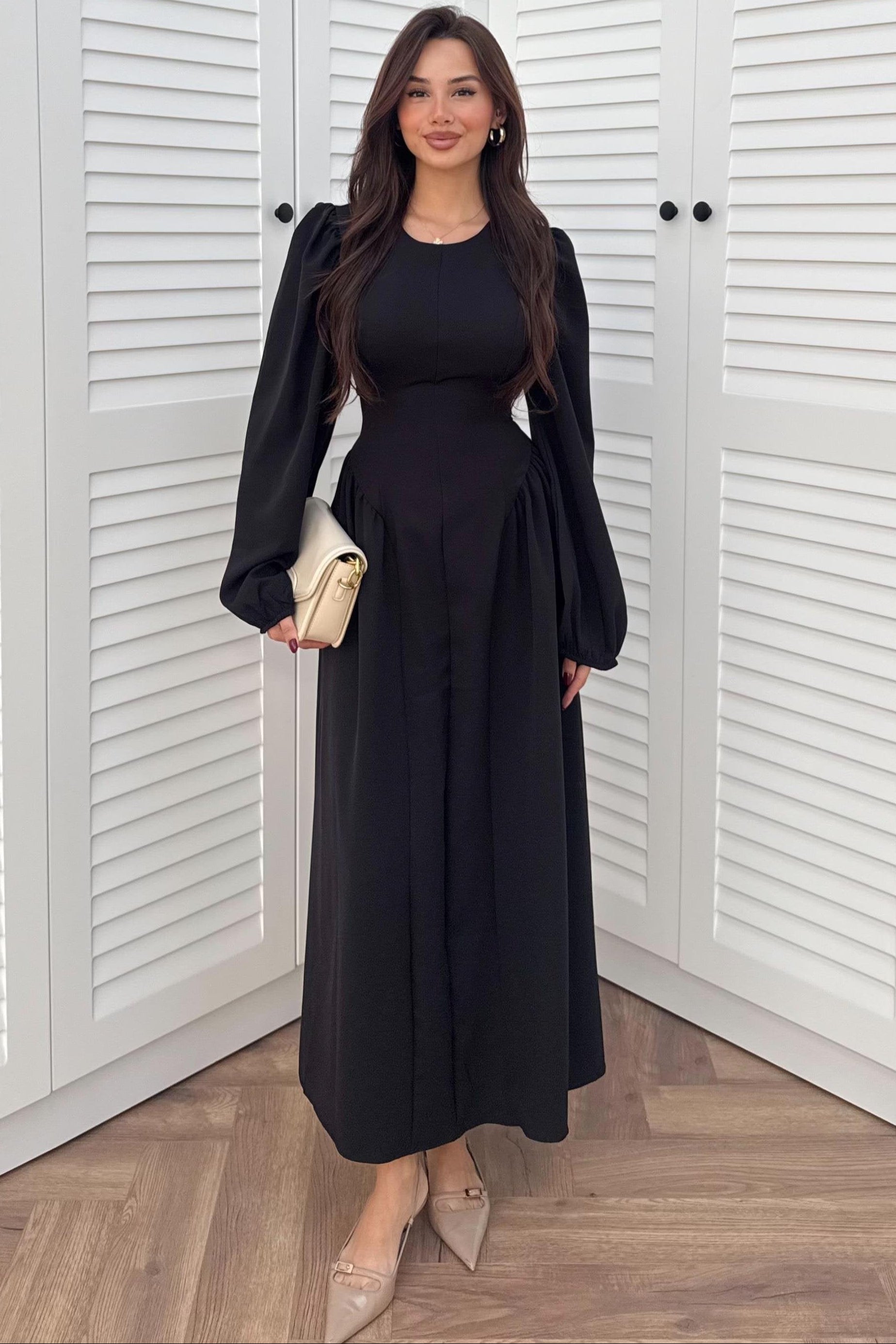 Balloon Sleeve Long Dress - black