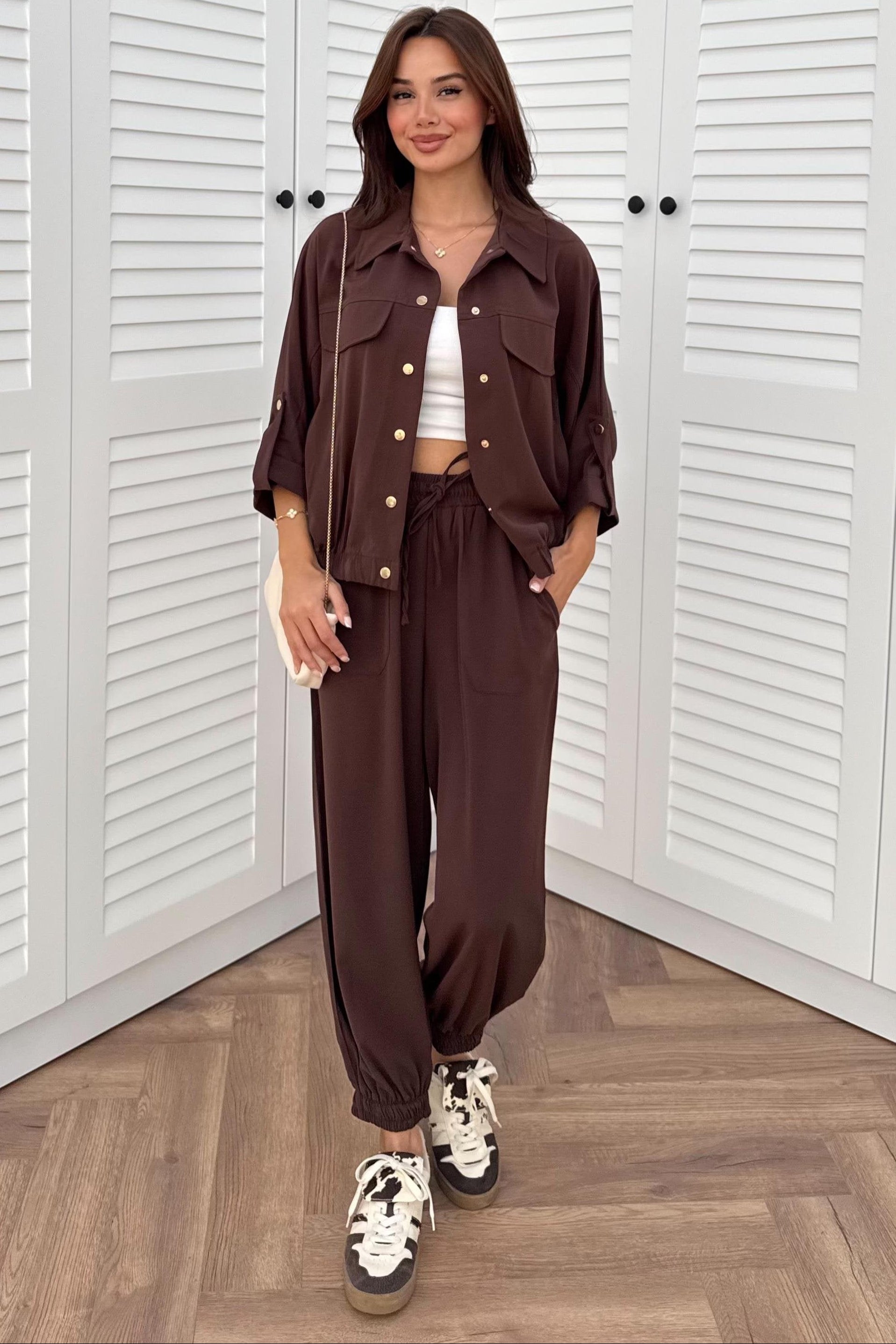 Snap Button Trouser Suit - BROWN