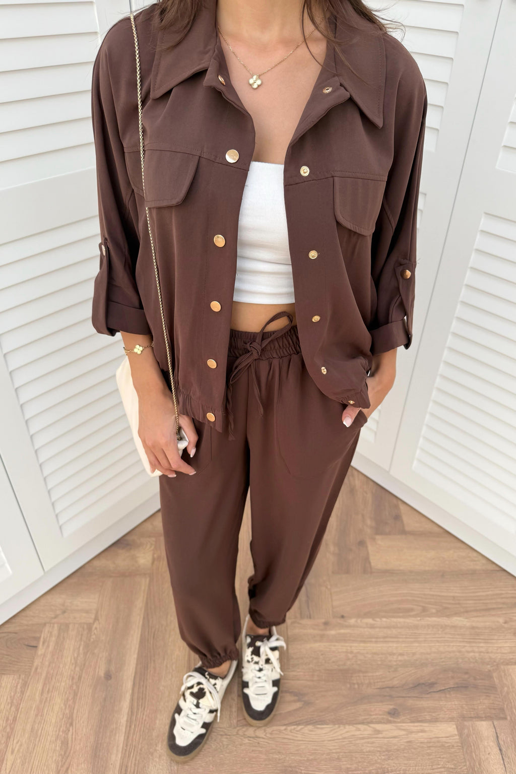 Snap Button Trouser Suit - BROWN