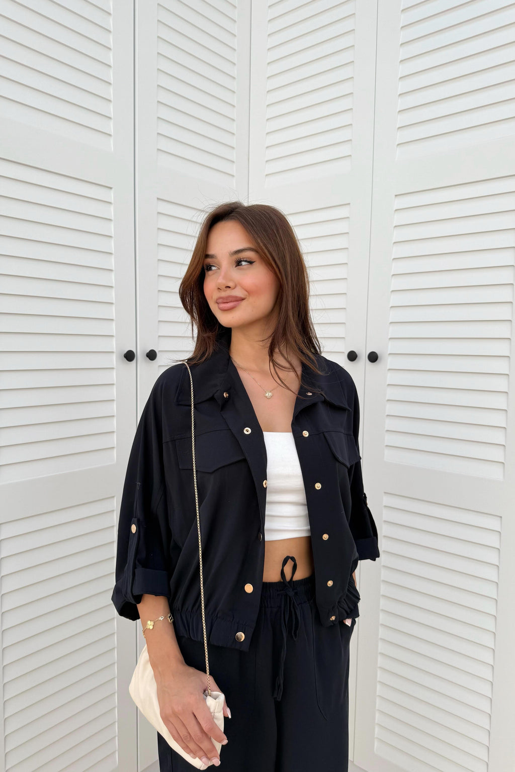 Snap Button Trouser Suit - BROWN