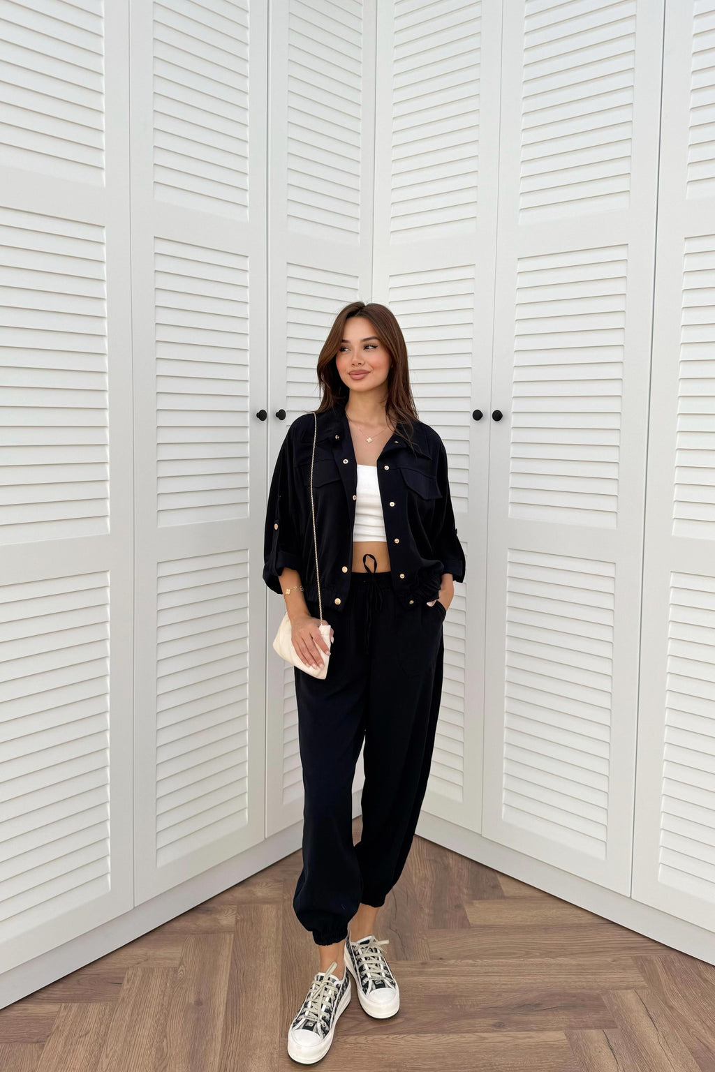 Snap Button Trouser Suit - BROWN