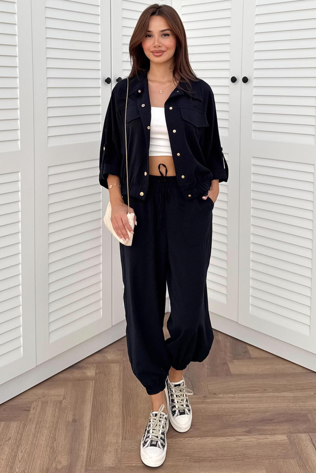 Snap Button Trouser Suit - BROWN