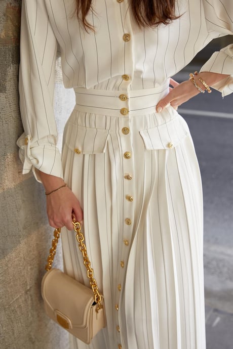 Striped Gold Buttoned Long Dress - WHITE