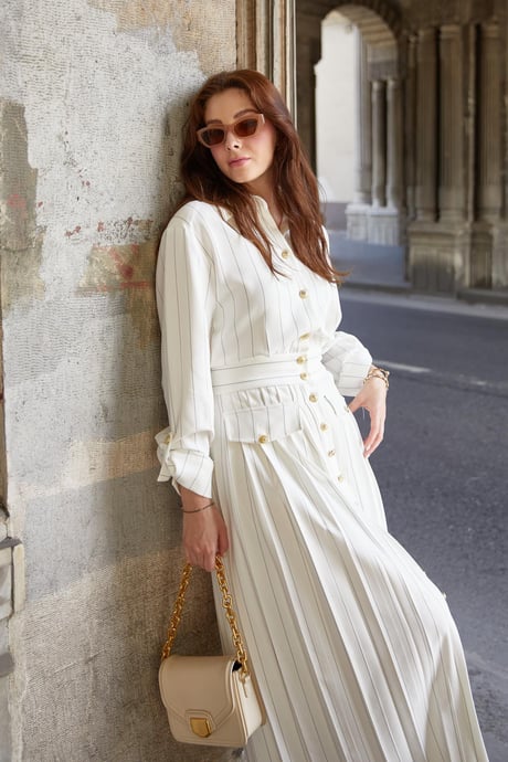 Striped Gold Buttoned Long Dress - WHITE