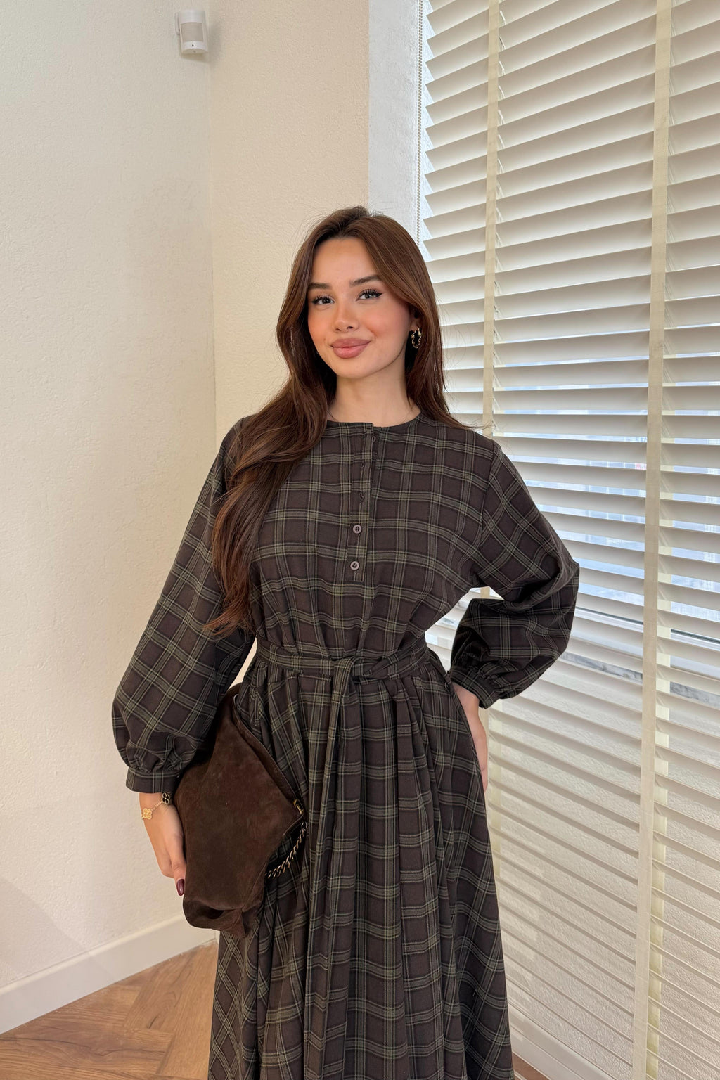 Plaid Patterned Dress - BROWN