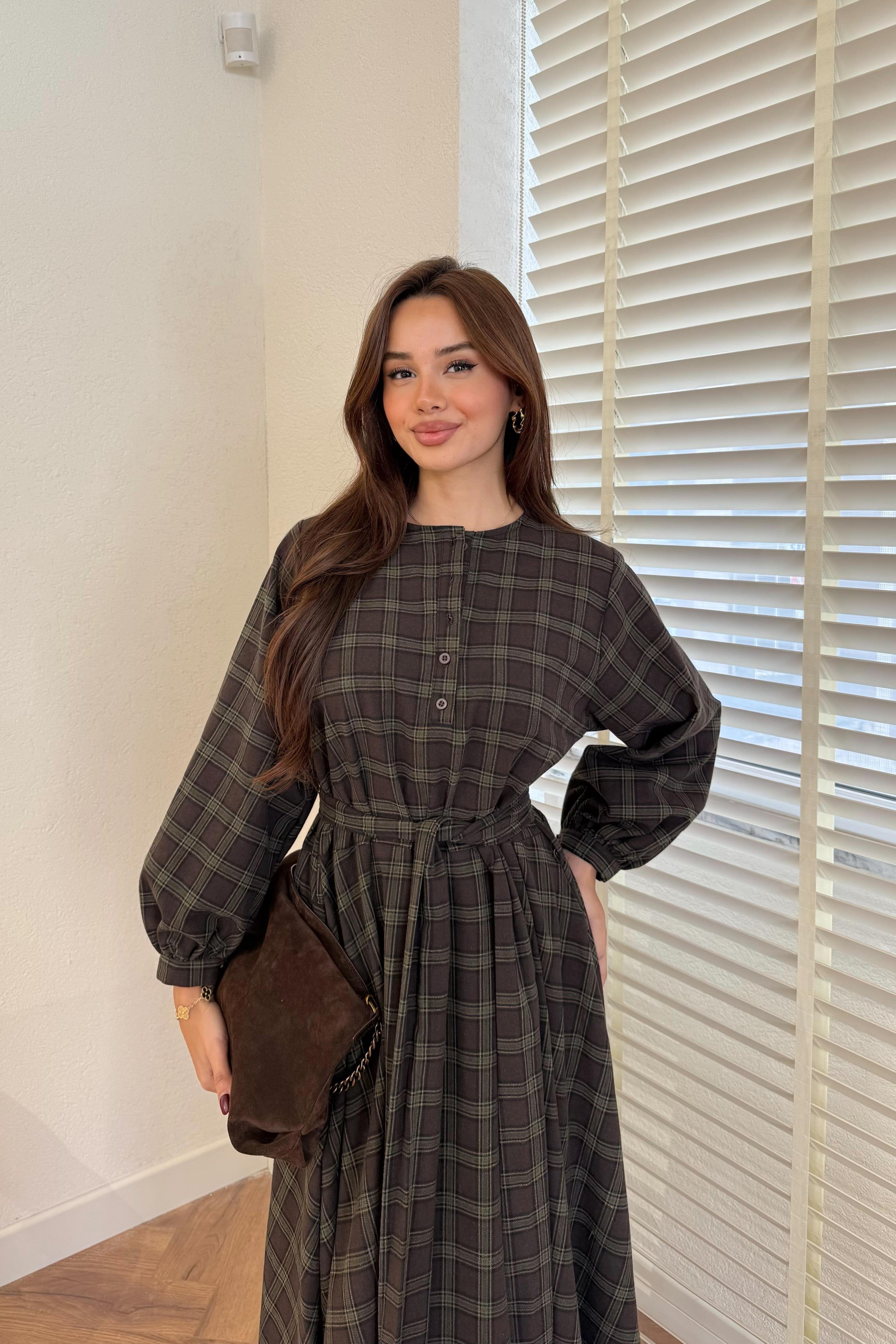 Plaid Patterned Dress - BROWN