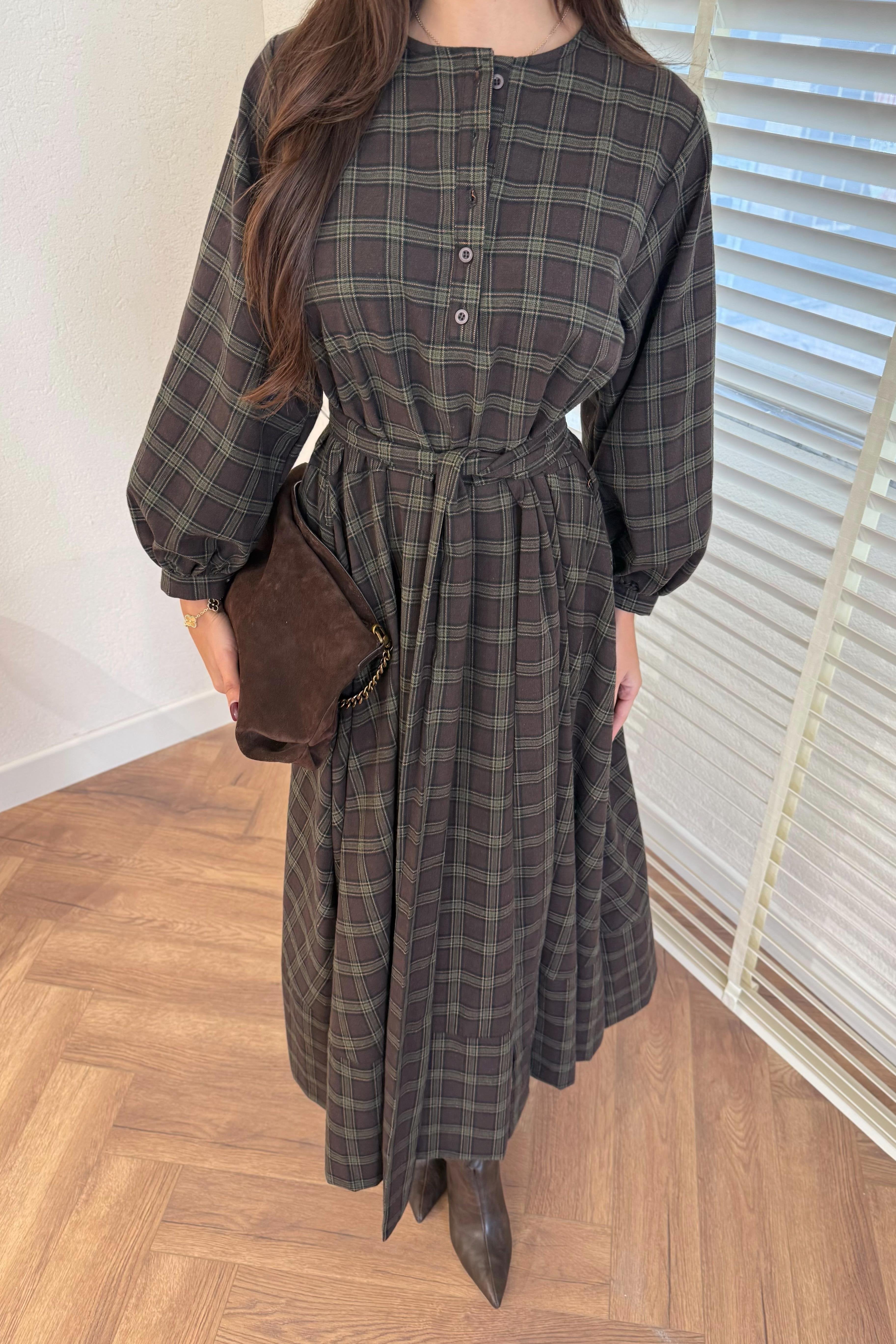 Plaid Patterned Dress - BROWN