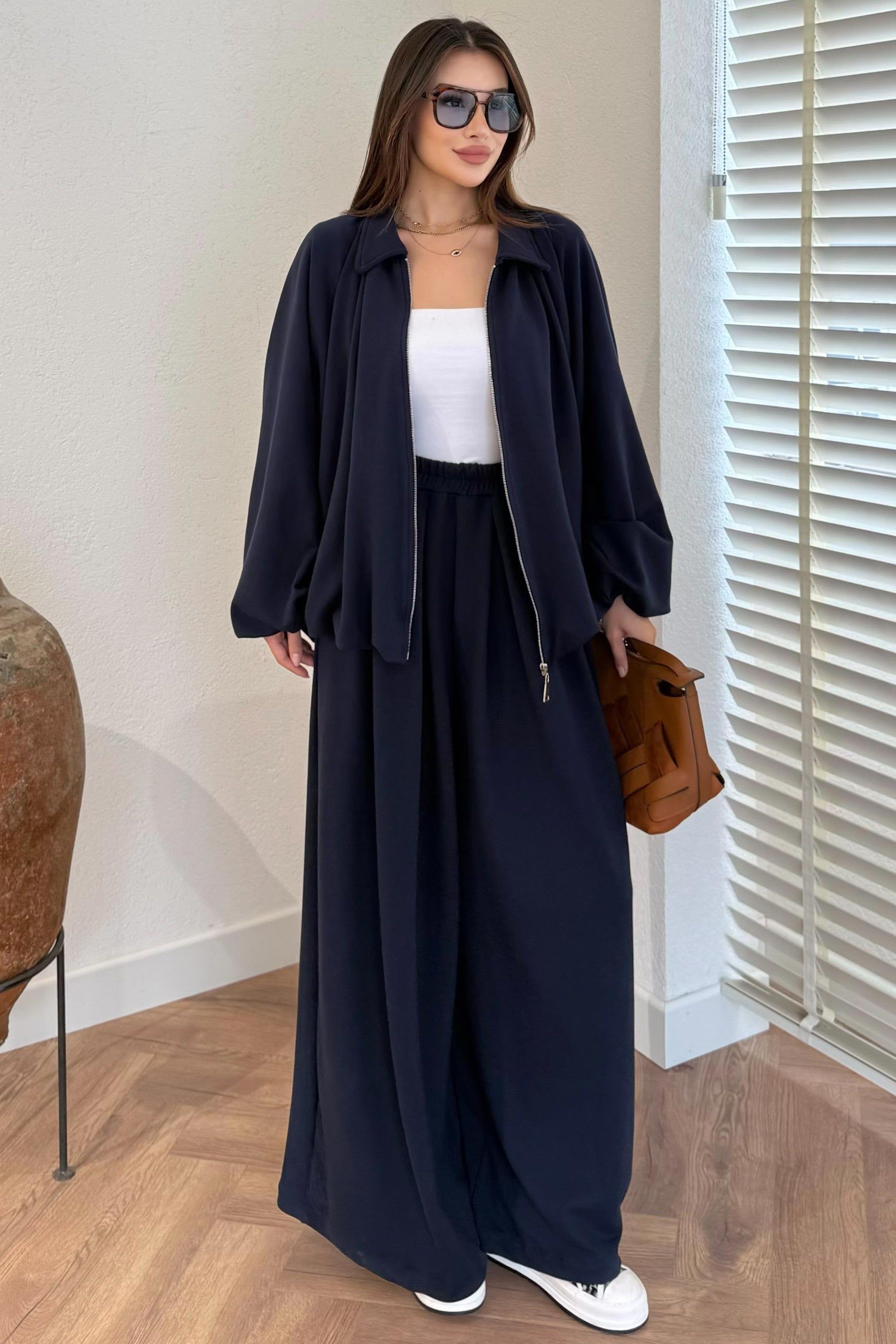 Zippered Oversize Sports Suit - NAVY BLUE