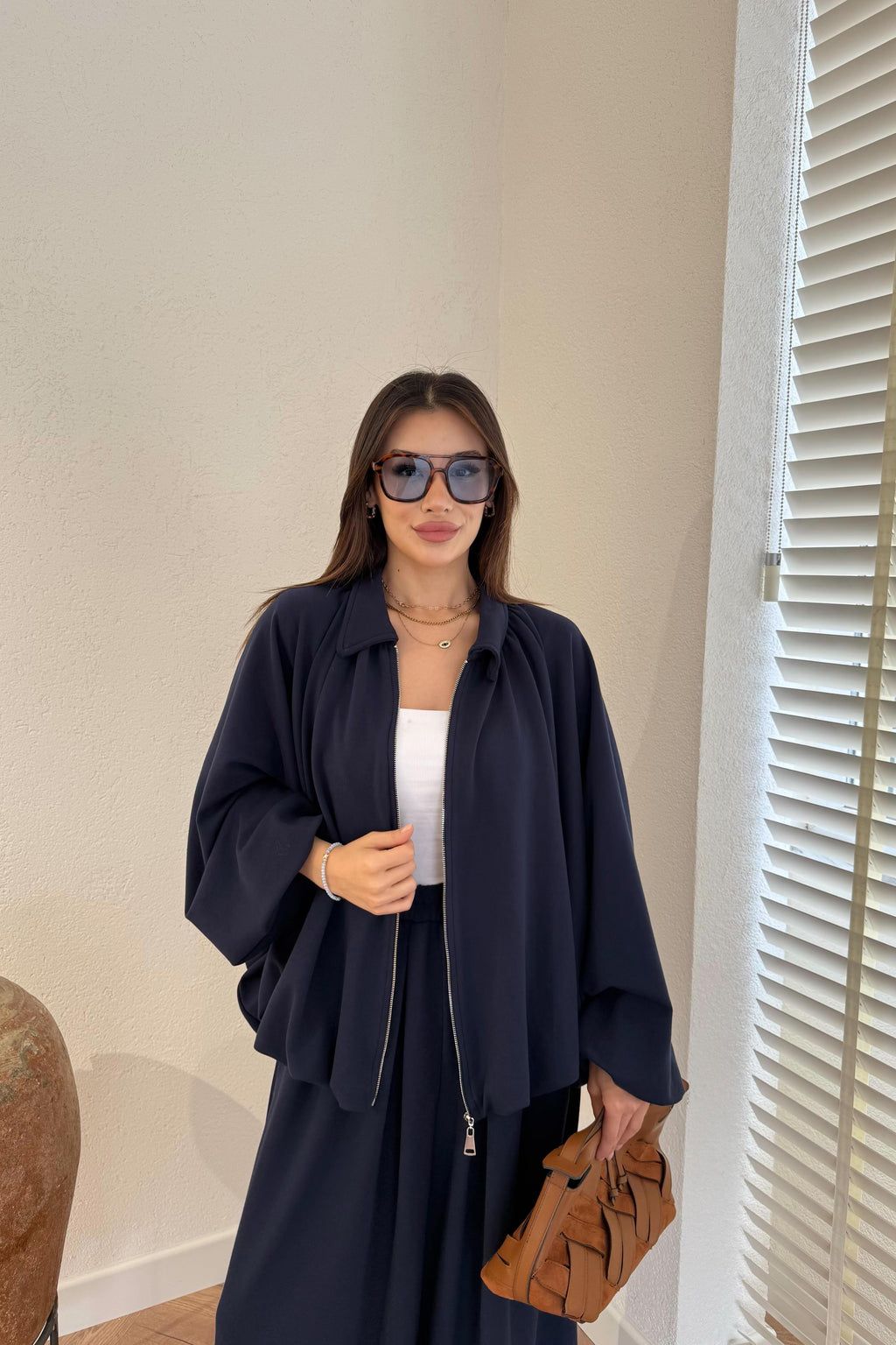 Zippered Oversize Sports Suit - NAVY BLUE