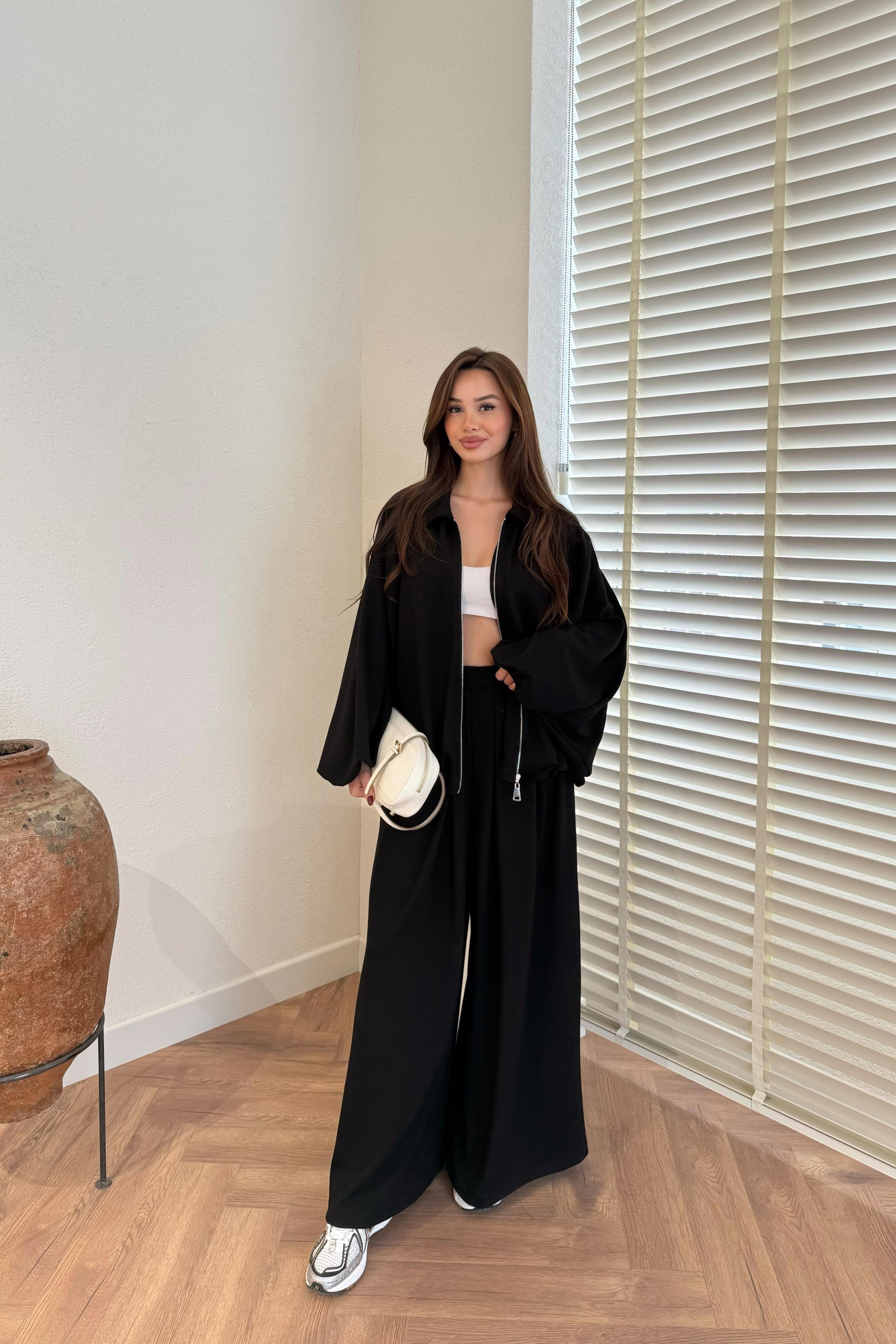 Zippered Oversize Sports Suit - BLACK