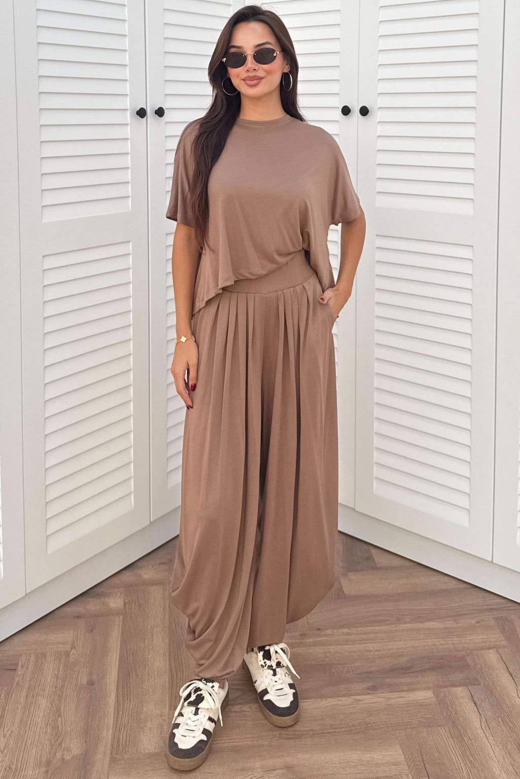 Short Sleeve Modal Shalwar Trouser Set - BROWN