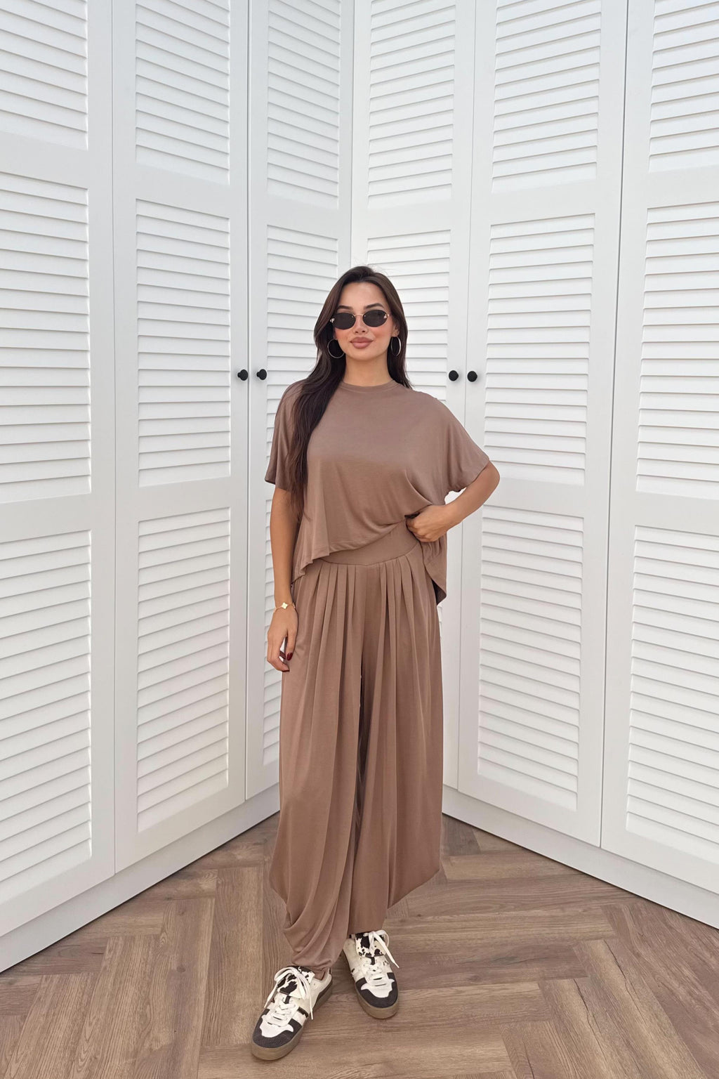 Short Sleeve Modal Shalwar Trouser Set - BROWN