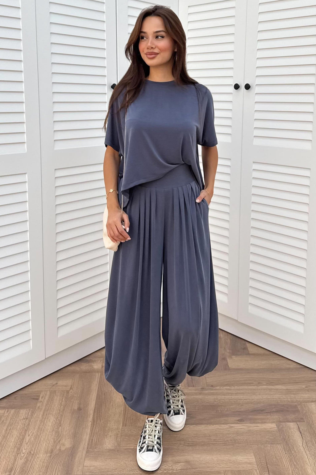 Short Sleeve Modal Shalwar Trouser Set - BROWN