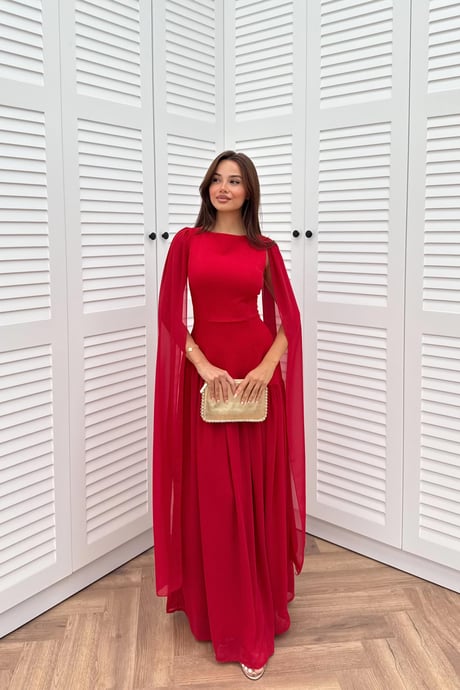 Cape-Sleeved Dress - RED