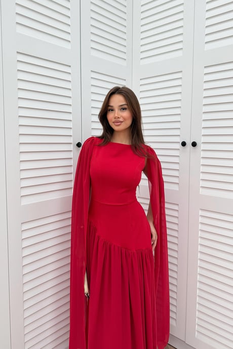 Cape-Sleeved Dress - RED