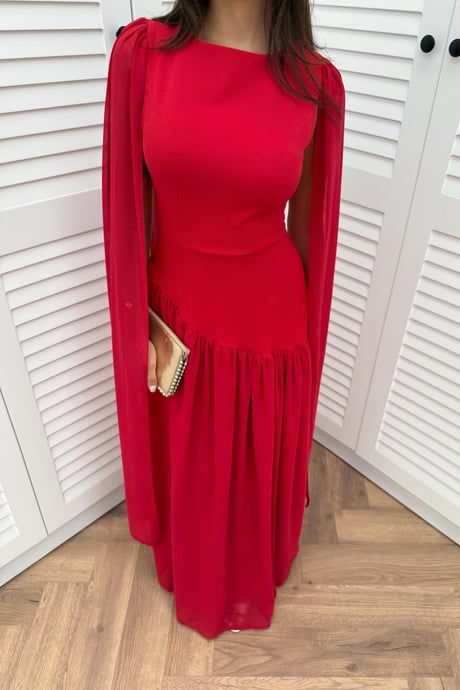Cape-Sleeved Dress - RED