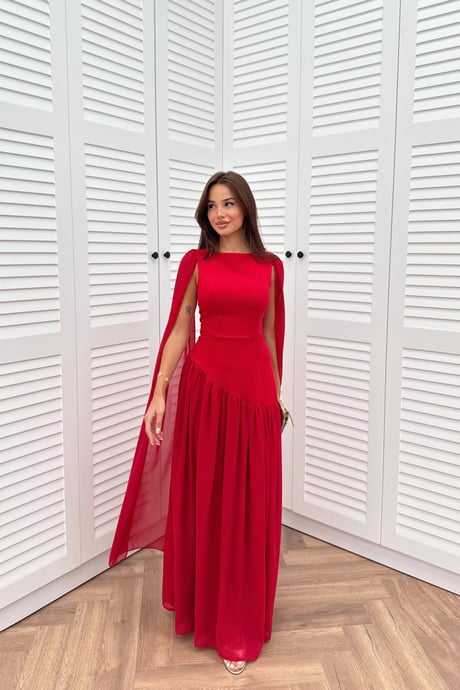 Cape-Sleeved Dress - RED