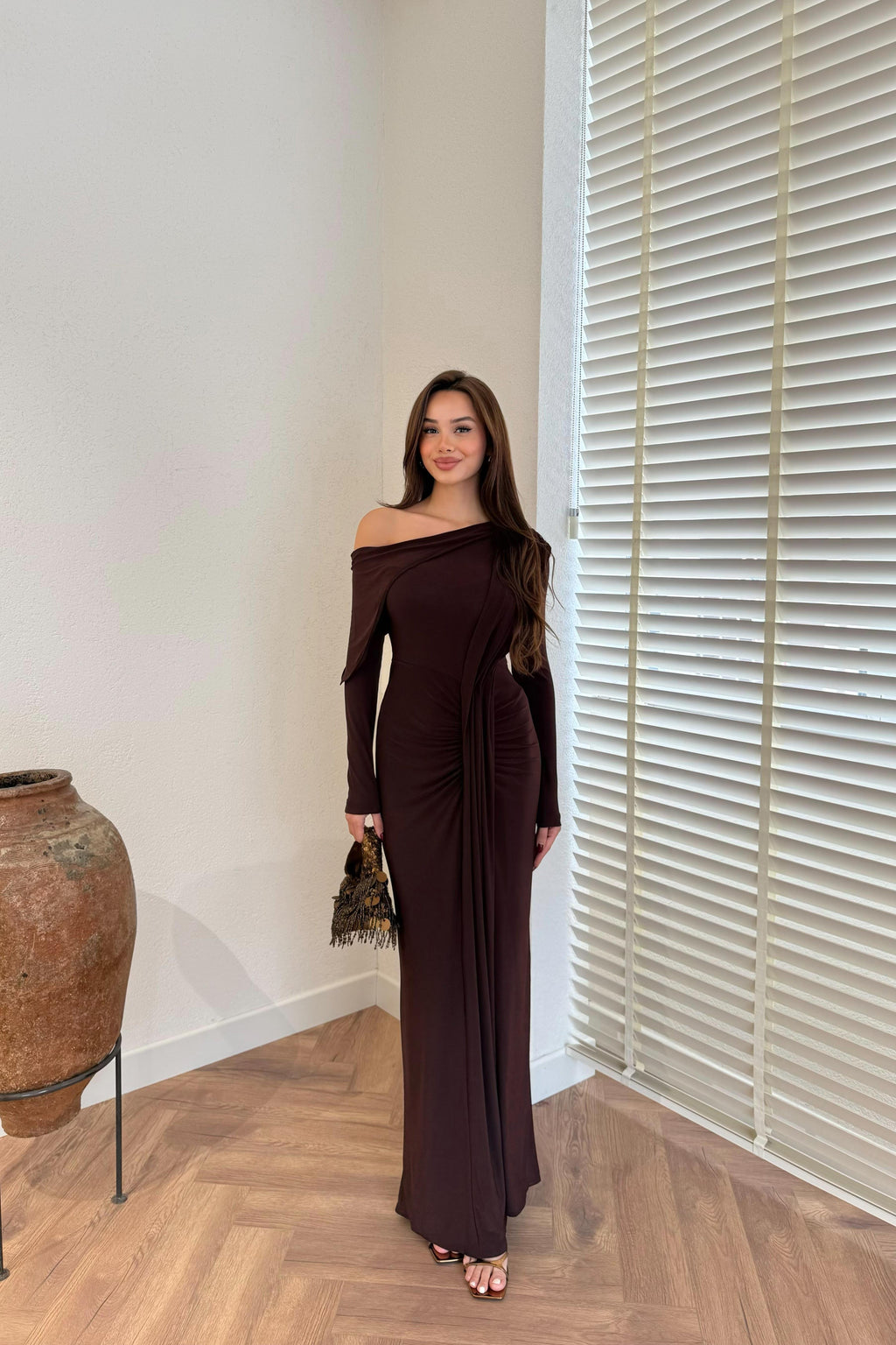 Off-the-Shoulder Pleated Flowy Dress - BROWN