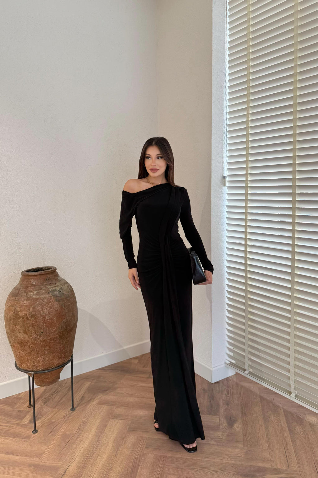 Pleated Off-the-Shoulder Flowing Dress - BLACK