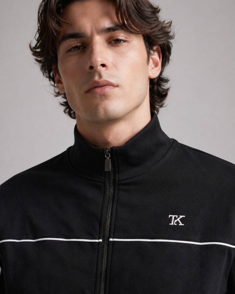 TOUKHA — black track jacket editorial portrait